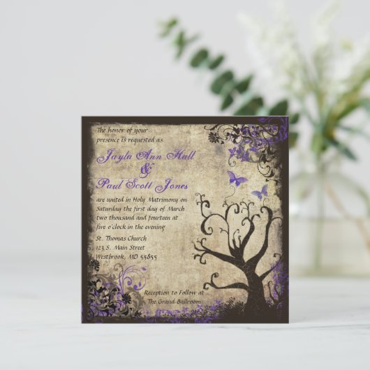 パープルバタフライヴィンテージウェディング招待状 招待状 (スタンド正面)
