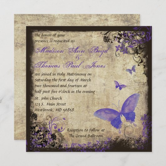 パープルバタフライヴィンテージスクエア結婚式招待状 招待状 (正面/裏面)