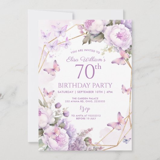 パープルバタフライ薄紫ガーデンパーティー80th、誕生日 招待状 (正面)