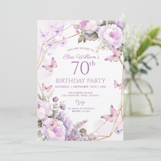 パープルバタフライ薄紫ガーデンパーティー80th、誕生日 招待状 (スタンド正面)