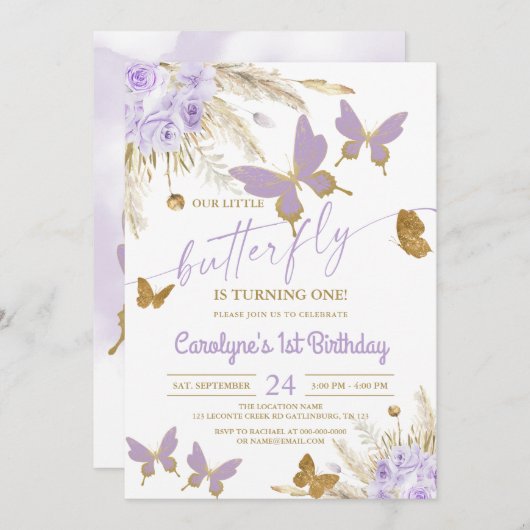 パープルバタフライ誕生日招待状 招待状 (正面/裏面)