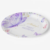 パープルバタフライ誕生日紙プレート ペーパープレート (アングル)