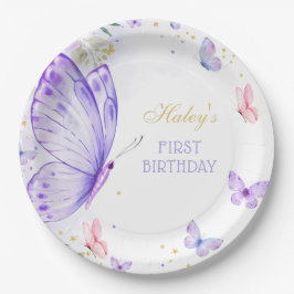 パープルバタフライ誕生日紙プレート ペーパープレート