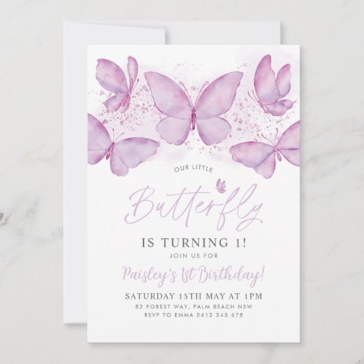 パープルバタフライ1st誕生日招待状ベビーガール 招待状 (正面)