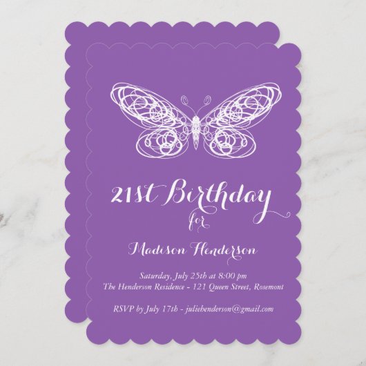 パープルバタフライ21歳の誕生日招待状 招待状 (正面/裏面)