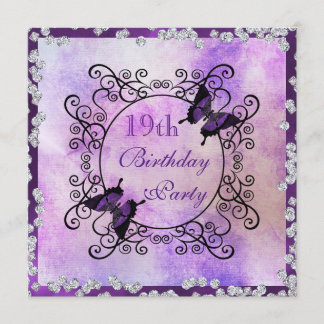 パープルバタフライ&ダイヤモンド19誕生日 招待状