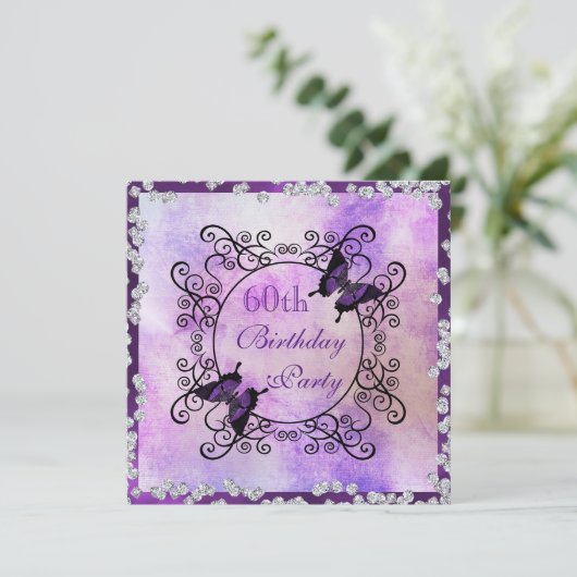 パープルバタフライ&ダイヤモンド60誕生日 招待状 (スタンド正面)