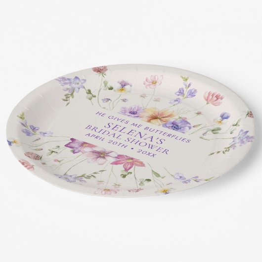 パープルバタフライ ブライダルシャワー ペーパープレート (アングル)