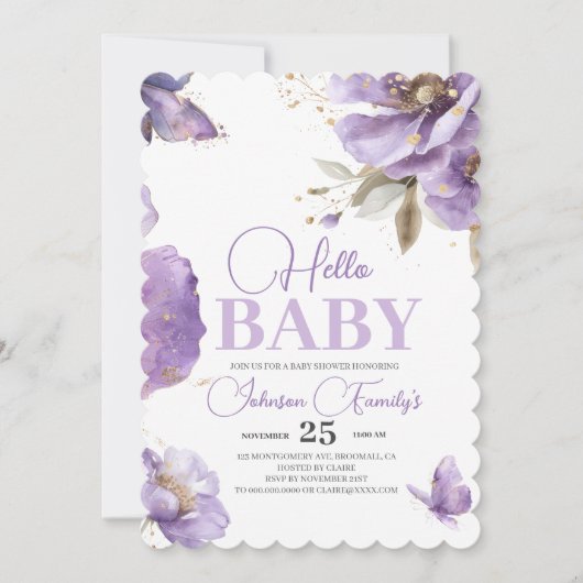 パープルバタフライ ベイビーシャワー 花 招待状 (正面)