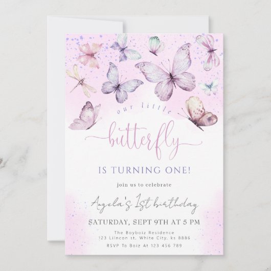 パープルバタフライ 私たちの小さなバタフライ ベイビーシャワー 招待状 (正面)