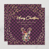 パープルバッファロープレイド金ゴールドトナカイ雪クリスマス シーズンカード (正面/裏面)