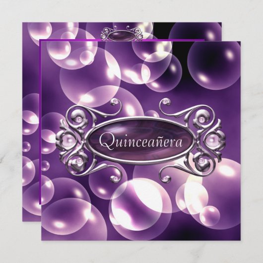 パープルバブルキンセアニェラ15誕生日 招待状 (正面/裏面)