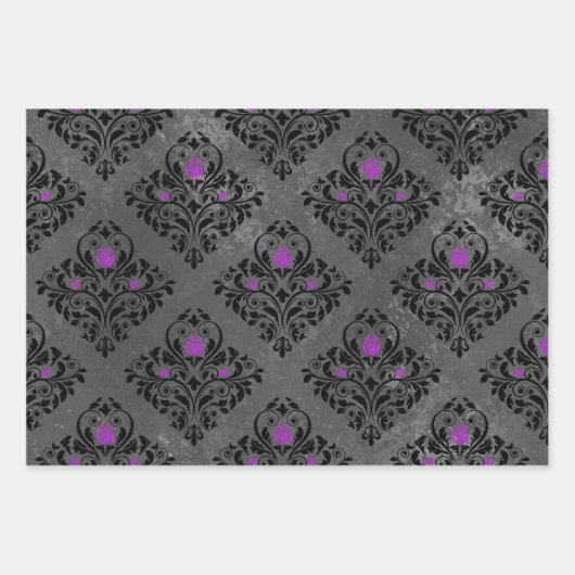 パープルバラとブラックダマスク ラッピングペーパーシート (正面)