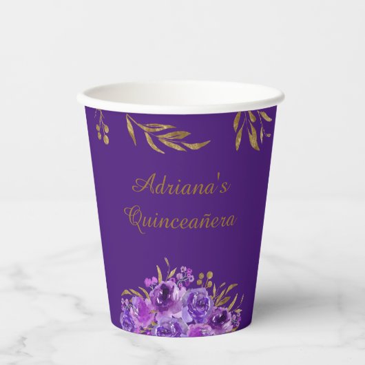 パープルバラと金ゴールドリーフエレガントの特別な機会 紙コップ (正面)