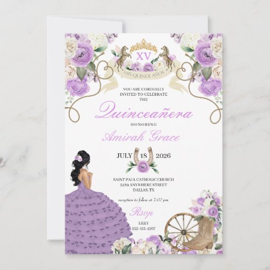 パープルバラウエスタンチャロ女性のカーボーイキンセアニラ 招待状 (正面)