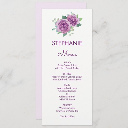 パープルバラウォーターカラーゲスト結婚名のメニュー メニュー (正面/裏面)
