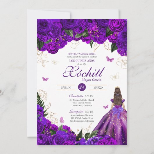 パープルバラエレガントフローラ&バタフライキンセアニラ 招待状 (正面)