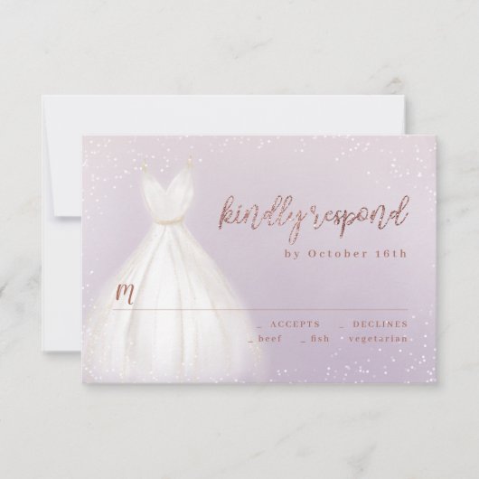 パープルバラエレガント金ゴールドスパークルドレスRSVP 出欠カード (正面)