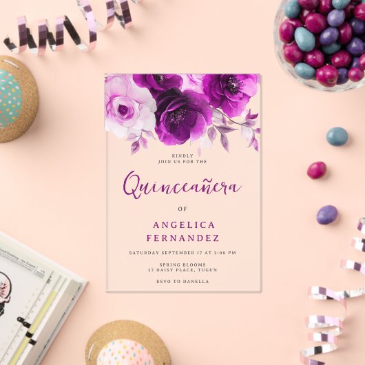 パープルバラキンセアニェラパーティー アクリル招待状 (インサイチュ (お祝い))