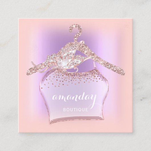 パープルバラグリッターダイヤモンドクロスハンガーブティック スクエア名刺 (正面)