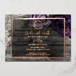 パープルバラグレーウッド&レース素朴ズ結婚ズ 箔招待状