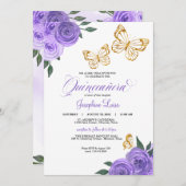パープルバラゴールデンバタフライキンセニェラ誕生日 招待状 (正面/裏面)