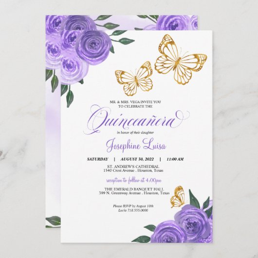 パープルバラゴールデンバタフライキンセニェラ誕生日 招待状 (正面/裏面)