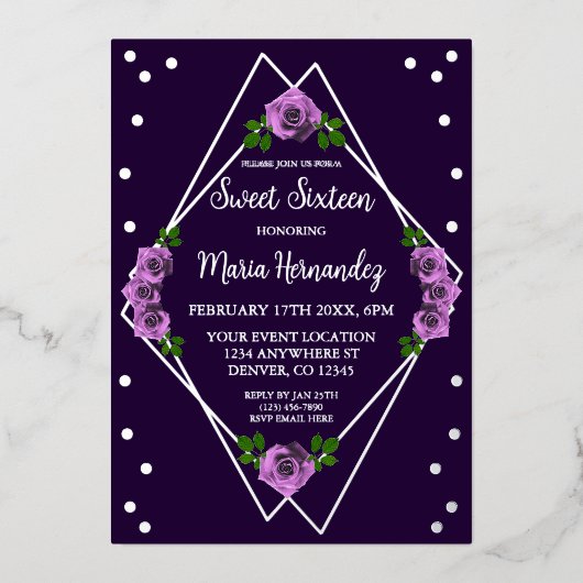 パープルバラシルバージオメトリックスウィート16 箔招待状 (正面)