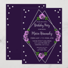 パープルバラシルバージオメトリック誕生日 招待状