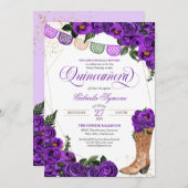 パープルバラチャラ女性のカーボーイブーツキンセアニラ 招待状 (正面/裏面)