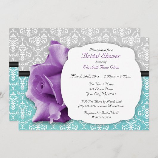 パープルバラティール(緑がかった色)ダマスクブライダルシャワー招待状 招待状 (正面/裏面)