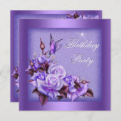 パープルバラバタフライフローラ誕生日パーティー2 招待状 (正面/裏面)