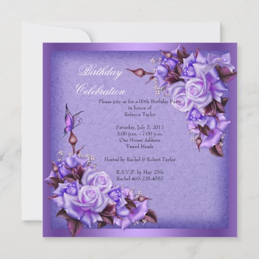 パープルバラバタフライフローラ誕生日パーティー2 招待状 (裏面)