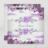 パープルバラパープルスウィート16パーティー 招待状 (正面/裏面)