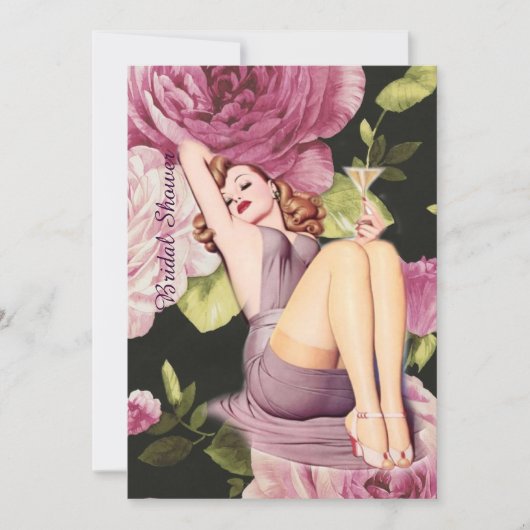 パープルバラピンアップガールヴィンテージブライダルシャワー 招待状 (正面)