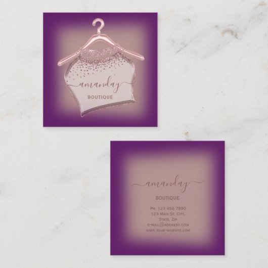 パープルバラファッションブティッククロスハンガーグラム スクエア名刺 (正面/裏面)