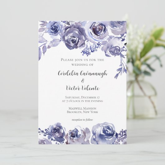 パープルバラフローラエレガント夕べウィンターウェディング 招待状 (スタンド正面)