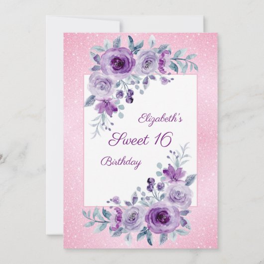 パープルバラフローラグリッターピンク16誕生日 招待状 (裏面)