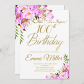 パープルバラフローラサプライズ100th誕生日パーティー 招待状 (正面/裏面)