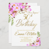 パープルバラフローラサプライズ50th誕生日パーティー 招待状 (正面/裏面)