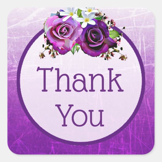 パープルバラフローラサンキューステッカー スクエアシール (正面)