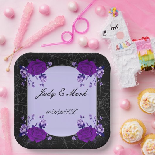 パープルバラフローラスパイダーウェブ秋の結婚式 ペーパープレート (パーティー)