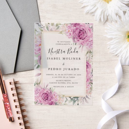 パープルバラフローラヌエストラボダスペインの結婚ズ ベラム紙招待状 (ウェディング)