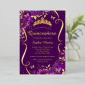 パープルバラフローラバタフライティアラキンセアニェラ 箔招待状 (立ち正面)