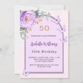 パープルバラフローラピンクアーチチョウ誕生日 招待状 (正面)