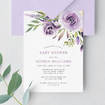 パープルバラフローラベビーシャワー招待状