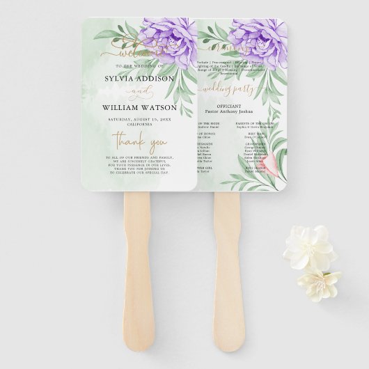 パープルバラフローラユーカリプスボホ結婚式 プログラム ハンドファン (正面&裏面)