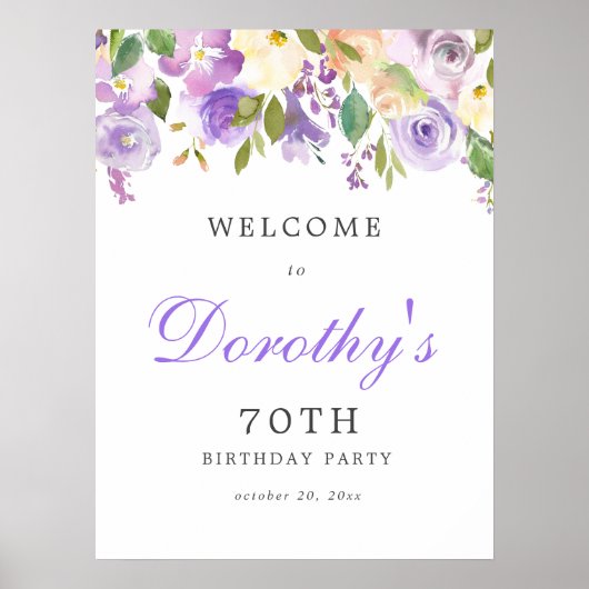 パープルバラフローラ70th誕生日ウェルカムサイン ポスター (正面)