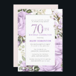 パープルバラフローラ70th誕生日パーティー 招待状<br><div class="desc">この70歳の誕生日パーティエレガントーの招待でフェミニン特別な女性を尊重する。70位は大書紫文字。誕生祝い後を追。お客様の名前も紫の大文字で表記されている。残りの文字は柔らかいハト灰色。誕生祝い詳細は、紫のバラとセージの緑の飾フローラで囲まれたシックなフレームで囲ま葉れている。デザインの間伝統的に、開いた風通しの良い植物性の葉と文字与えはバイブコンテンポラリーだ。招待状も紫色だ。残念ながら、70の数字は編集できない。もうもし1年お願いだから、カスタムデザインを作って嬉しいよ。</div>