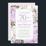 パープルバラフローラ70th誕生日パーティー 招待状<br><div class="desc">この70歳の誕生日パーティエレガントーの招待でフェミニン特別な女性を尊重する。70位は大書紫文字。誕生祝い後を追。お客様の名前も紫の大文字で表記されている。残りの文字は柔らかいハト灰色。誕生祝い詳細は、紫のバラとセージの緑の飾フローラで囲まれたシックなフレームで囲ま葉れている。デザインの間伝統的に、開いた風通しの良い植物性の葉と文字与えはバイブコンテンポラリーだ。招待状も紫色だ。残念ながら、70の数字は編集できない。もうもし1年お願いだから、カスタムデザインを作って嬉しいよ。</div>